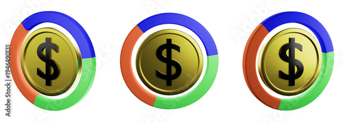Coin of Fortune: Three golden coins, each adorned with a dollar sign, are surrounded by segmented rings of color. Symbolizing wealth, investment, and financial opportunity. 
