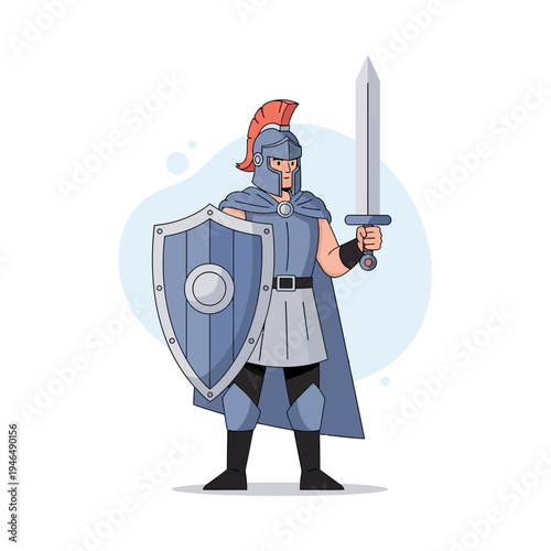 Cartoon Roman soldier with sword and shield, standing strong, ancient warrior illustration