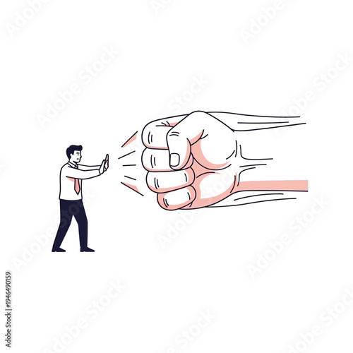 Man blocking giant fist with phone, concept of digital protection and overwhelming force