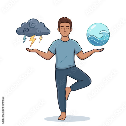 Man balancing stormy weather and calm sea in yoga pose on land