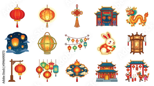 A vibrant collection of traditional Chinese New Year decorations, including lanterns, dragons, pagodas, and festive rabbits, symbolizing good fortune and celebration.