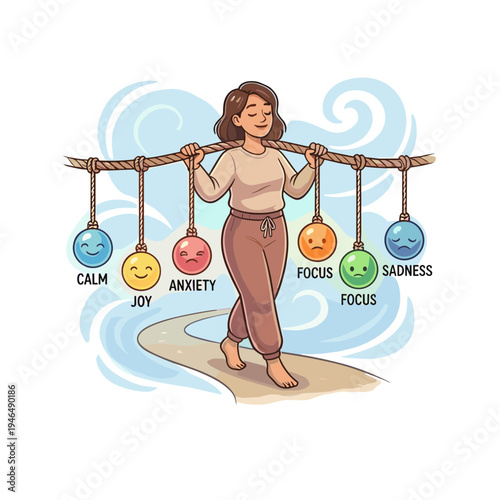 A woman balances various emotions on a rope while walking on a path.