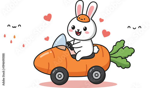 Funny cartoon vector illustration of a rabbit driving a red car vehicle with an Easter bunny gift basket and a carrot for a fun Christmas travel adventure
