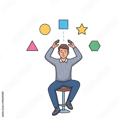 Man sitting on a stool juggling various colorful shapes in air