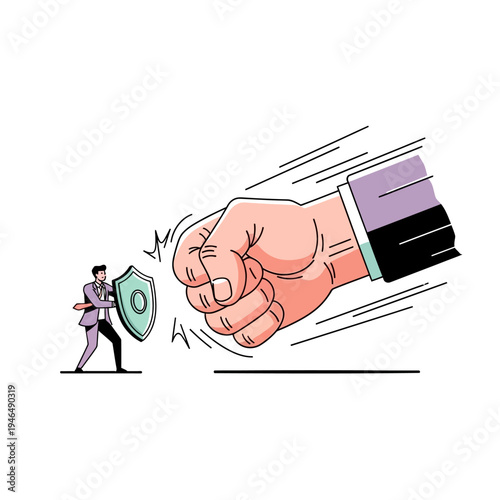 Small businessman with shield defends against giant fist, concept of protection and resilience