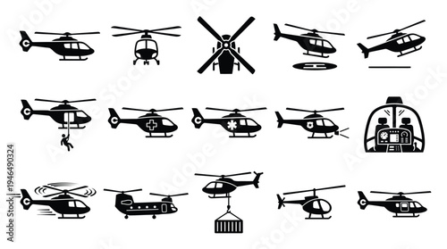 Collection of diverse helicopter icons showcasing various models and functions in a clear, graphic style.