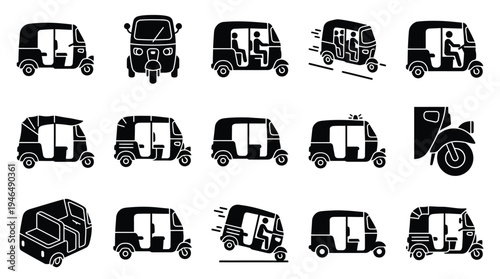Collection of diverse auto rickshaw icons showcasing various angles, passenger configurations, and motion effects, representing urban transportation.