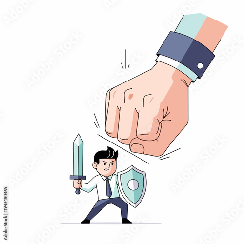 Tiny businessman with sword and shield defends against giant fist, business struggle concept