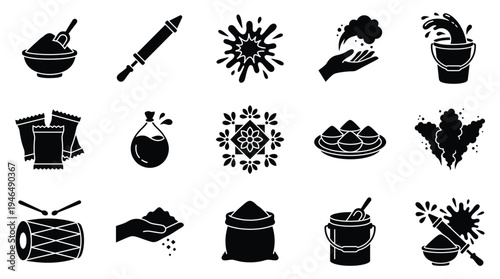 Collection of black and white icons representing elements and activities associated with the Indian festival of Holi, including colors, pichkaris, and celebratory items.