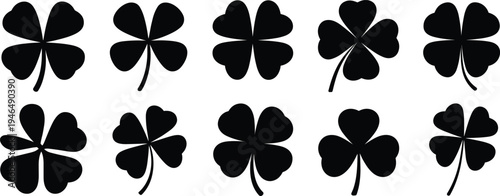 Black clover leaf silhouettes, botanical nature design, lucky charm symbol, three leaf and four leaf clovers, isolated vector illustration for decoration