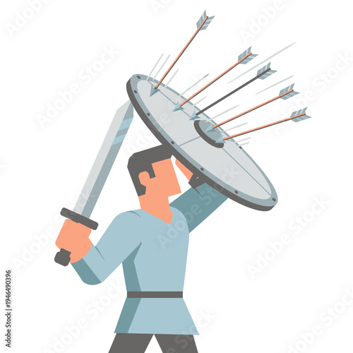 Warrior Defending with Sword and Shield Against Arrows Attack