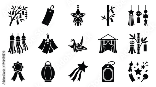 Collection of Japanese Tanabata festival decorative elements and symbols, including streamers, bamboo, stars, and lanterns.