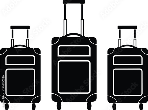 Set of three black travel suitcases with wheels and telescopic handles for vacation or business trips in flat vector illustration,