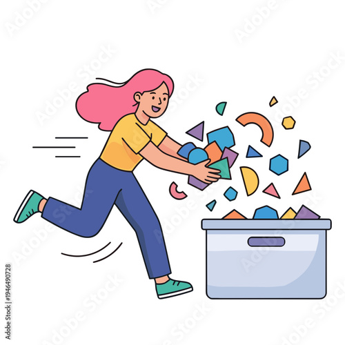 Woman throws colorful puzzle pieces from a box in a joyful action