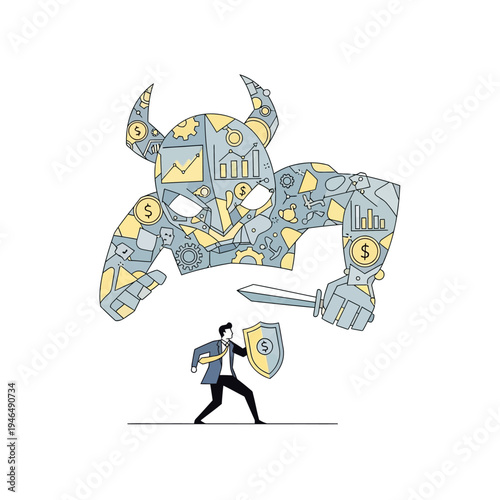 Businessman Defending Against Financial Monster Symbolizing Debt and Risk
