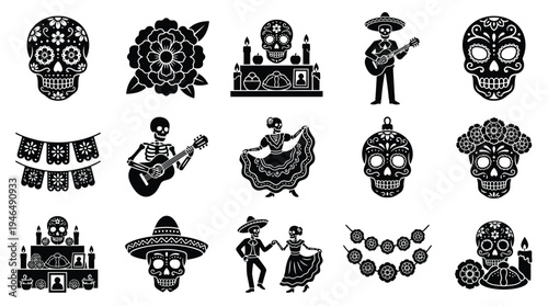 Collection of Dia de los Muertos icons featuring sugar skulls, skeletons, dancers, and papel picado banners, representing Mexican Day of the Dead traditions.