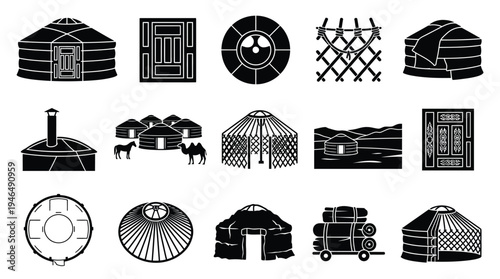 Collection of black and white icons representing yurts, traditional nomadic dwellings, and related cultural elements.