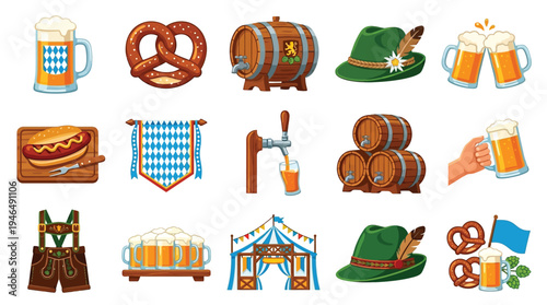 Collection of Oktoberfest-themed icons including beer mugs, pretzels, barrels, lederhosen, and tents, representing traditional German festival elements.