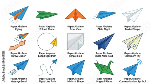 Collection of diverse paper airplane designs illustrating various flight paths, shapes, and actions like throwing and message sending.