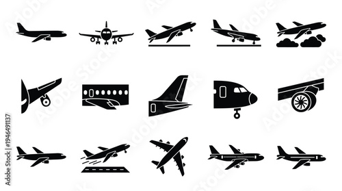 Collection of Black and White Icons Representing Various Aspects of Airplanes and Aviation Technology.