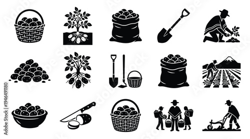 Collection of black and white icons representing potato farming, harvesting, and consumption, including baskets, sacks, tools, and people working in fields.