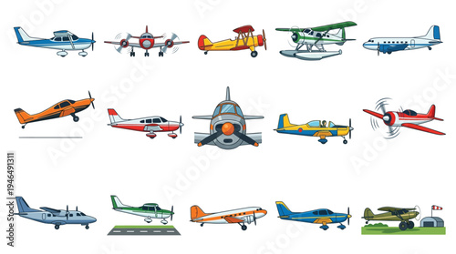 A diverse collection of various aircraft, including biplanes, seaplanes, and modern planes, displayed against a white background.