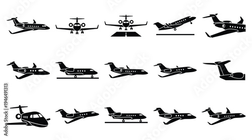 Collection of Silhouetted Private Jet Aircraft in Various Poses and Orientations.