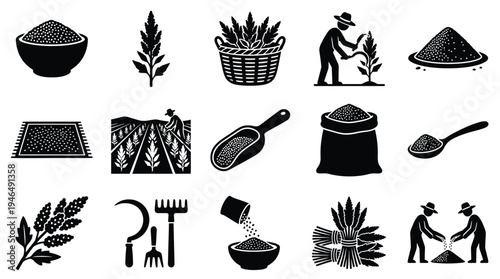Collection of black and white icons representing agricultural activities, tools, and harvested grains, illustrating the farming process from cultivation to storage.