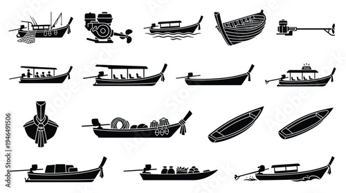 Collection of diverse boat designs, showcasing various types of watercraft with different propulsion systems and passenger capacities, presented in a graphic illustration.