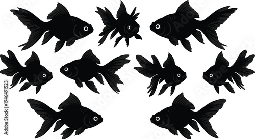 Black fish illustration, circular arrangement, unique fin shapes, detailed scales, prominent eyes, aquatic diversity, marine design, stylized fish artwork
