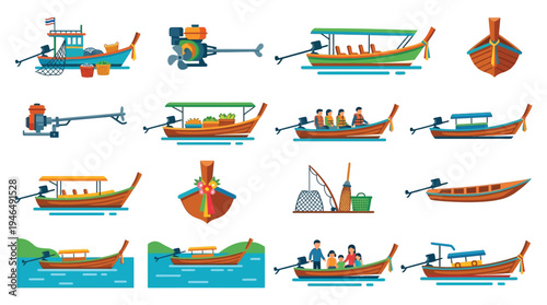 Collection of diverse longtail boats and their engines, showcasing various designs and passenger capacities in different settings.