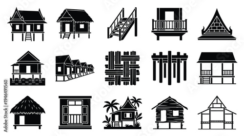 Collection of Silhouetted Traditional Houses and Architectural Elements from Various Cultures.