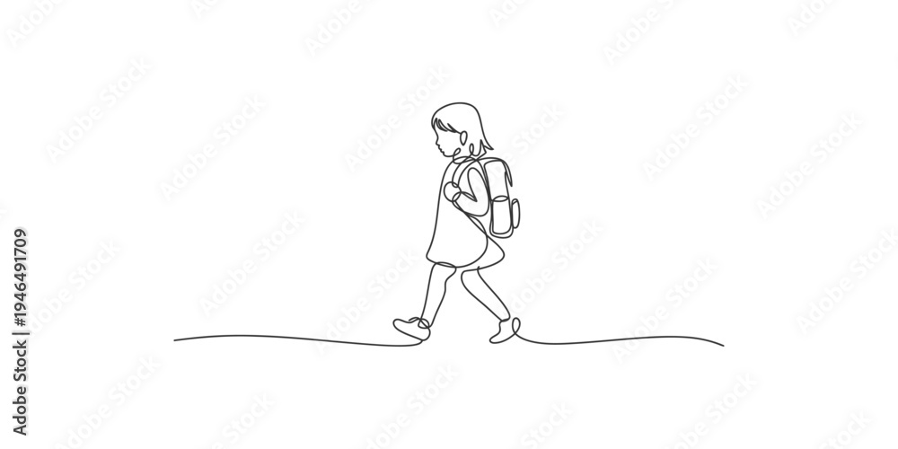 Obraz premium A line drawing of a girl walking with a backpack on her back school student