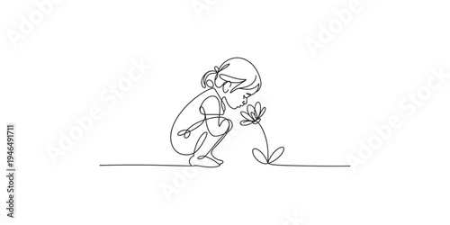 Continuous line drawing of a girl and a flower one child plant nature outdoors simple