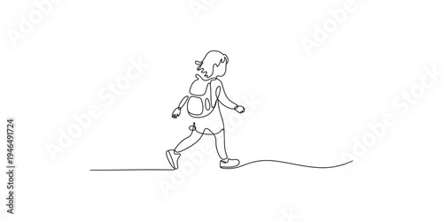 A child walking with a backpack on their back kid school student travel adventure line
