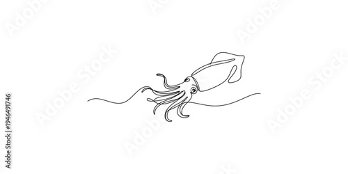 A minimalist line drawing of a squid swimming in the ocean with a hat sea