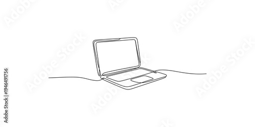 Continuous line drawing of an open laptop computer with cord illustration technology device electronics wire