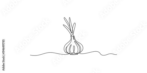 Continuous line drawing of a whole green onion with roots and leaves vegetable food illustration