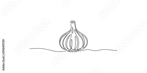 A continuous line drawing of a single onion with roots on a plain background garlic