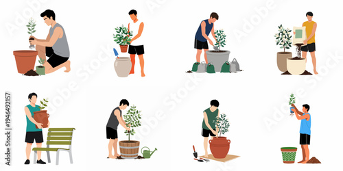 Set of flat vector illustrations depicting young men engaged in various gardening activities including planting, repotting, and soil care.