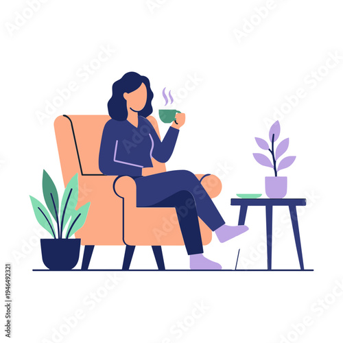 Woman sitting in armchair relaxing with coffee and plants nearby indoors