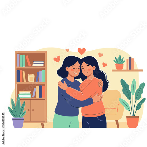 Two women hug each other in a cozy living room with plants and books