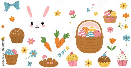 Happy Easter greeting card featuring a cute cartoon bunny and a set of colorful Easter eggs with spring flowers in a green grass basket vector illustration