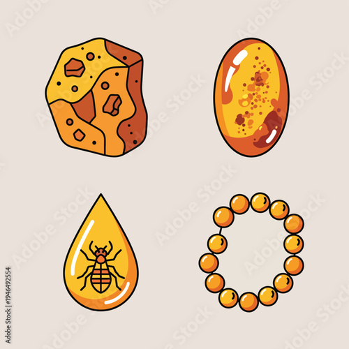 Set of Amber Stone Jewelry Hand Drawn Elements