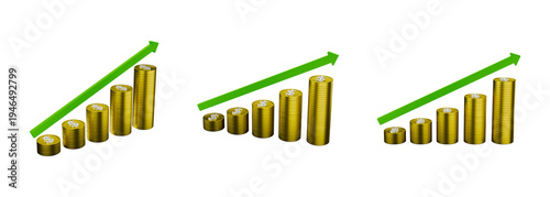Financial Growth: An abstract representation of financial prosperity and upward trajectory, with three sets of gold coin stacks accompanied by green upward arrows.