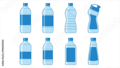 Various Bottle Silhouettes with Blue Labels and Caps for Branding and Packaging Design