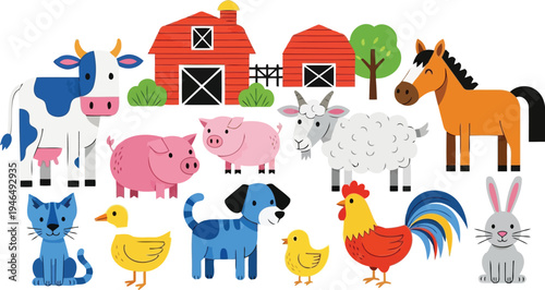 Flat vector illustration of farm animals and a red barn