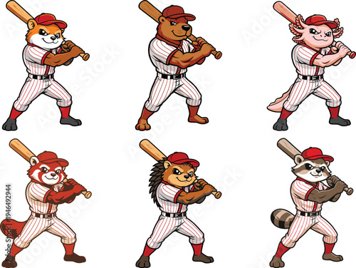Cute Baseball Animals Mascot Cartoon Set Swinging Bat Sports Vector Illustration