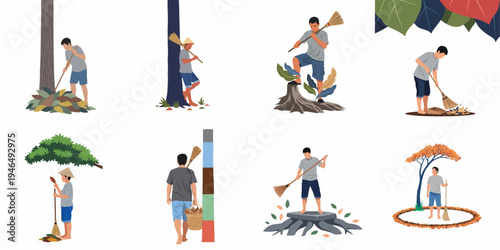 Illustrative Set of a Man Performing Outdoor Cleaning and Gardening Tasks with a Traditional Broom and Basket Amidst Autumn Leaves and Trees