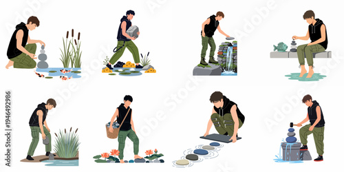 Vector illustrations of a young man landscaping a garden, stacking stones, building a waterfall, and creating a stepping stone path in a peaceful pond.